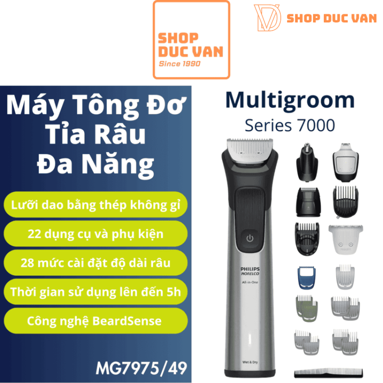 Máy Tông Đơ Tỉa Râu Đa Năng Philips Norelco Series 7000 MG7975/49 22 Món, Pin 5H, Chống Nước, Cảm Biến BeardSense