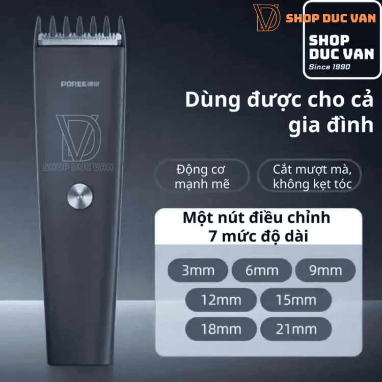 Tông Đơ Cắt Tóc Poree PC1907 Sạc Type C Pin Trâu 180 Phút, 7 Mức Chỉnh, Lưỡi Thép An Toàn Cho Bé Và Gia Đình