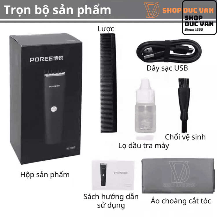 Tông Đơ Cắt Tóc Poree PC1907 Sạc Type C Pin Trâu 180 Phút, 7 Mức Chỉnh, Lưỡi Thép An Toàn Cho Bé Và Gia Đình