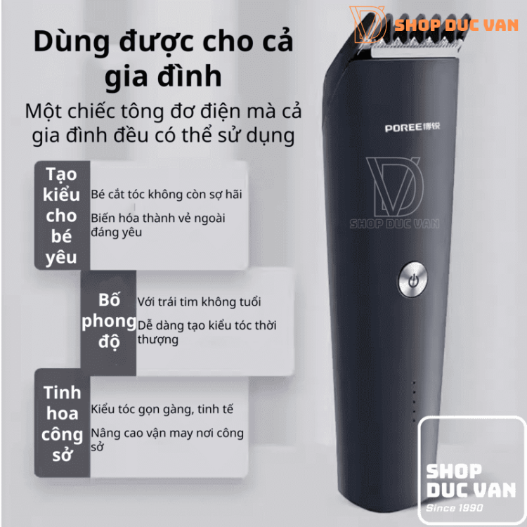 Tông Đơ Cắt Tóc Poree PC1907 Sạc Type C Pin Trâu 180 Phút, 7 Mức Chỉnh, Lưỡi Thép An Toàn Cho Bé Và Gia Đình
