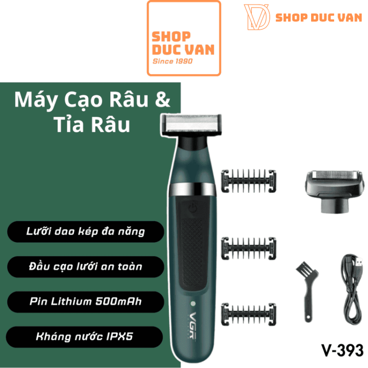 Máy Cạo Râu VGR V-393 Đa Năng 2 Trong 1 Máy Tỉa Râu Định Hình Chống Nước IPX5 Pin Lithium Sạc USB Tiện Lợi