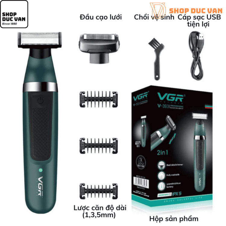 Máy Cạo Râu VGR V-393 Đa Năng 2 Trong 1 Máy Tỉa Râu Định Hình Chống Nước IPX5 Pin Lithium Sạc USB Tiện Lợi