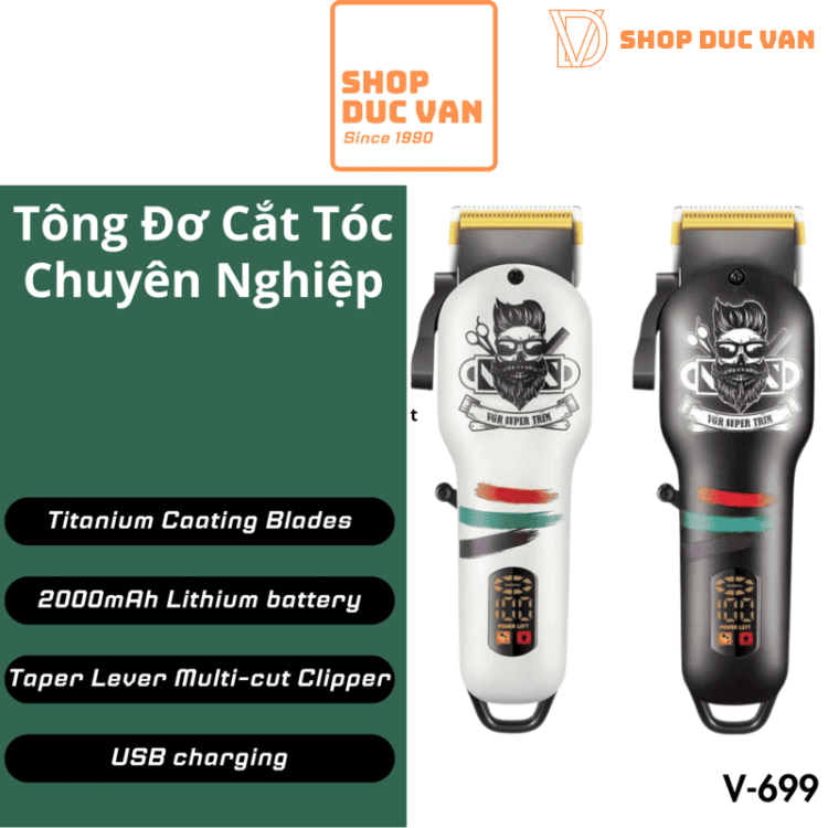 Tông Đơ Cắt Tóc Chuyên Nghiệp VGR V-699 Lưỡi Thép Phủ Titanium, Pin 2000mAh Dùng 180 Phút, Màn Hình LED, Sạc USB Tiện Lợi